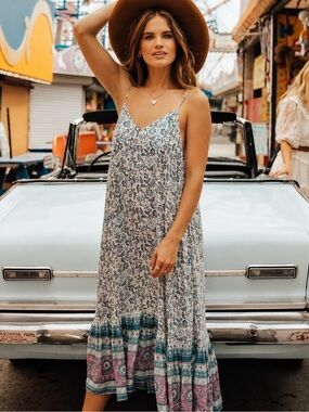 Spell & The Gypsy Dahlia Dusty Blue Strappy Midi Dress XS Metallic Lurex Boho
